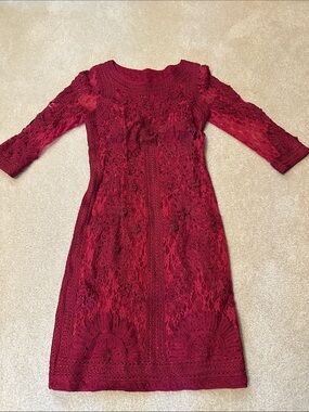 Sue Wong Burgundy Lace Midi Dress with Three-Quarter Sleeves size 6